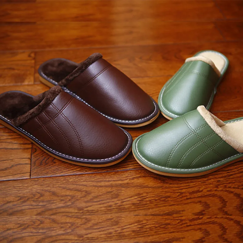 Зимние домашние тапочки из искусственной кожи для пар Женская Нескользящая