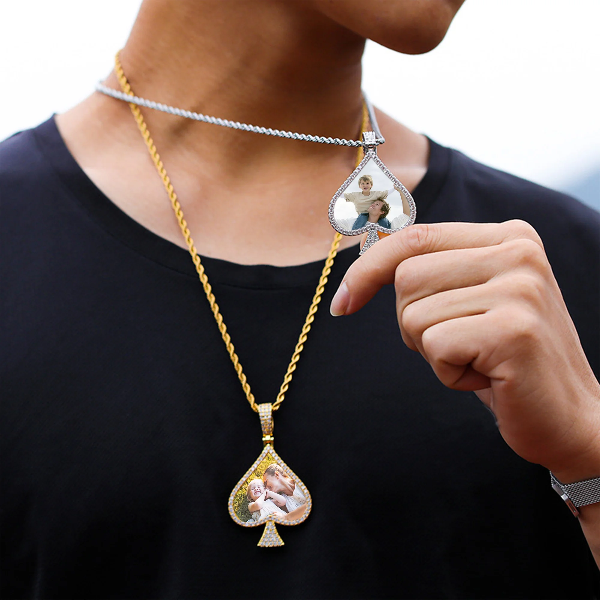 

Personalized Photo Hiphop Heart Pendant Necklace Customize Photo Rhinestone Tennis Chain Gold Silver Necklaces Men Jewelry Gift
