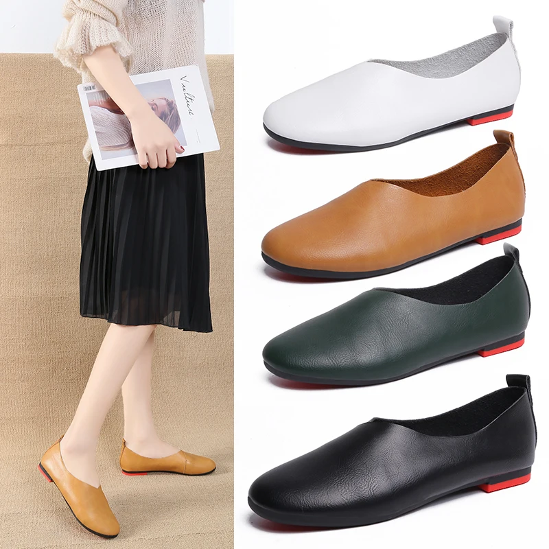 

2020 Women's Leather Flats shoes Spring Summer Ladies Shoes Skid-proof Round Toe Flat Casual Fashion Walking Loafers Waterproof