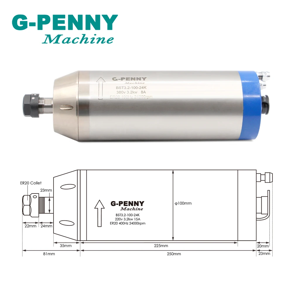 220v/ 380v 3.2KW ER20 квт. шпиндель с 4 подшипниками 0 01 мм точность водяным охлаждением