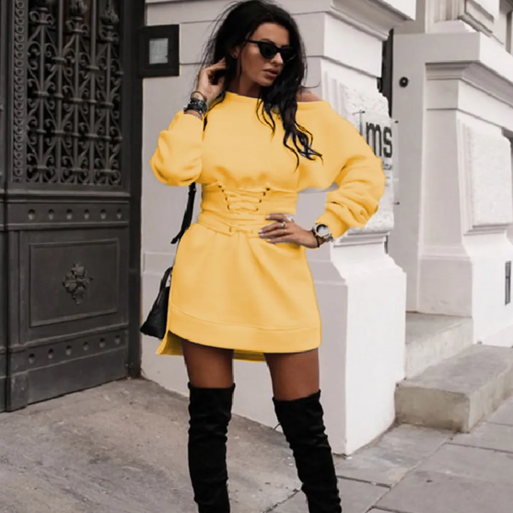

2020 Women's Solid O-neck Long Sleeve Wool Thick Warm Winter Dress Belt Strap Dress Casual Fashion Sexy Women Dresses
