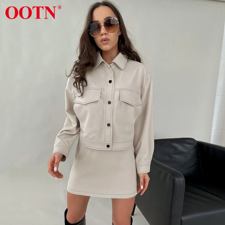 

Уличная мода OOTN, комплекты юбок с отворотами, абрикосовая комбинированная рубашка, осенний наряд, пуговицы, длинный рукав, высокая талия, ми...