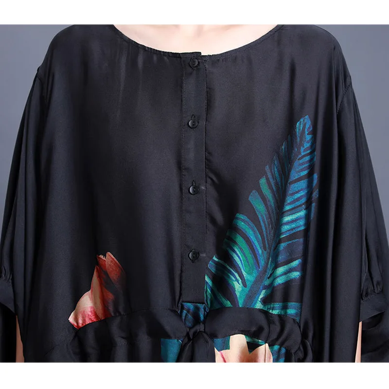 

VKBN Summer Women Dress Up Three Quarter Ankle-Length Batwing Sleeve O-Neck Silk Plus Size Dresses Women