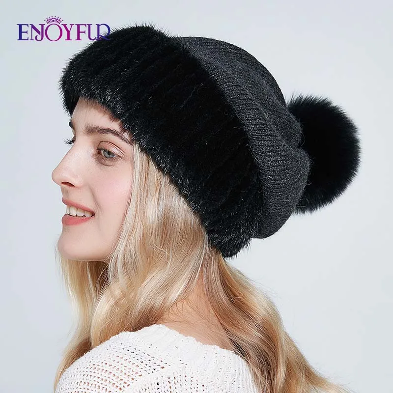 ENJOYFUR, зимние шапки из меха норки и шерсти для женщин, теплые модные женские шапки с большим помпоном, Новые однотонные вязаные шапки - Цвет: 01