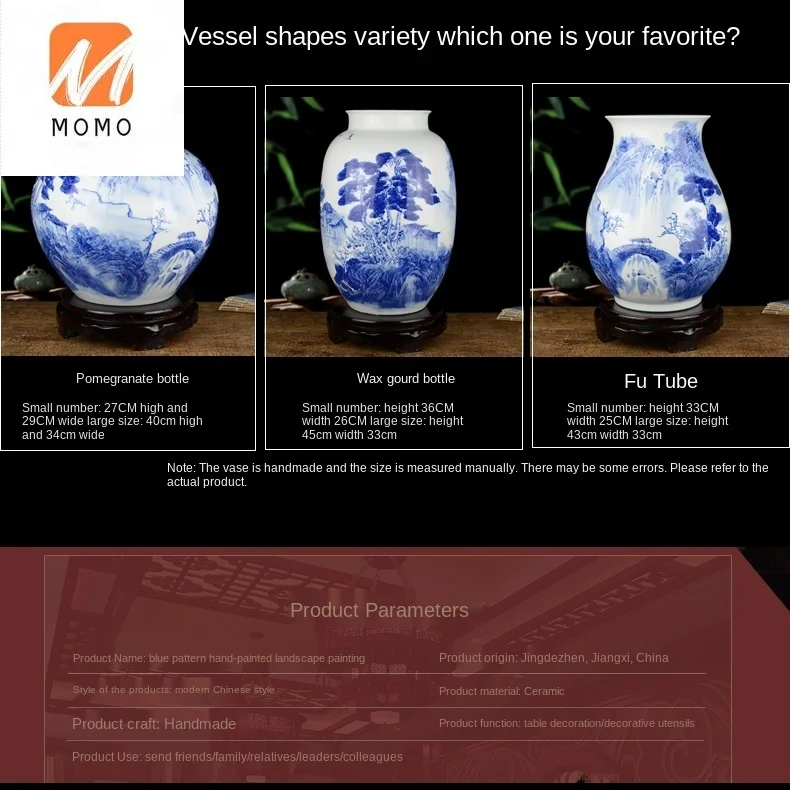 

Ceramics Celebrity Hand-Painted Blue and White Porcelain Vase Living Room Home Ornament Large Porcelain Bottle Decoration
