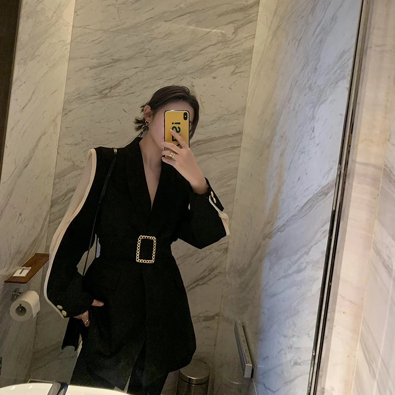 

Elegant Women's Blazer Patchwork Long Sleeve Tunic With Belt Waisted Autumn Long Blazers Female Fashion Clothing