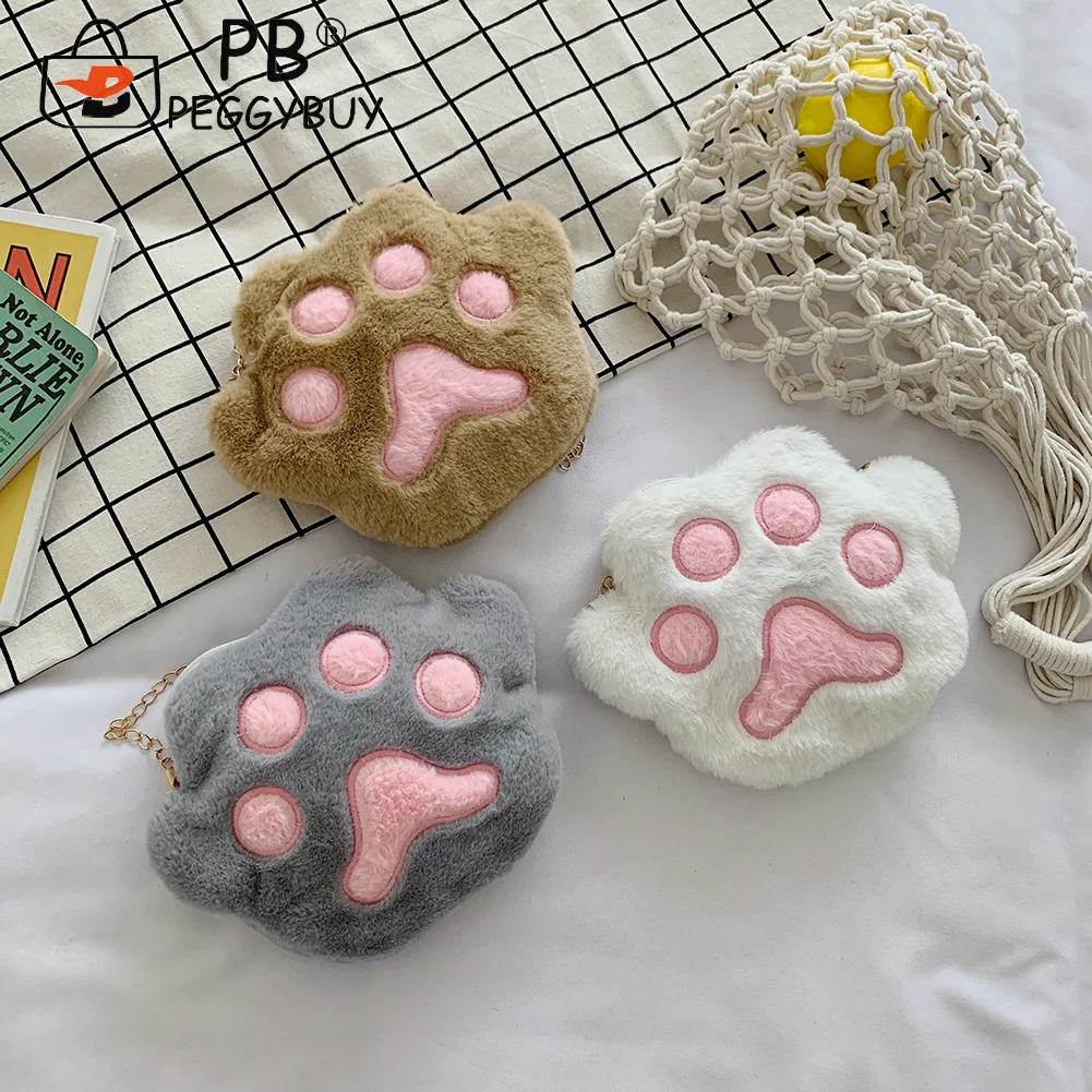 

Fashion Women Soft Plush Thin Chain Small Shoulder Crossbody Bag Portable Cartoon Star Bear Paw Panelled Travel Zipper Purse