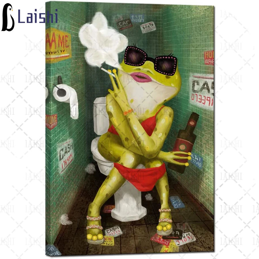 Fun bathroom wall art abstract frog smoking and drinking water on the toilet full square round diamond painting home decoration