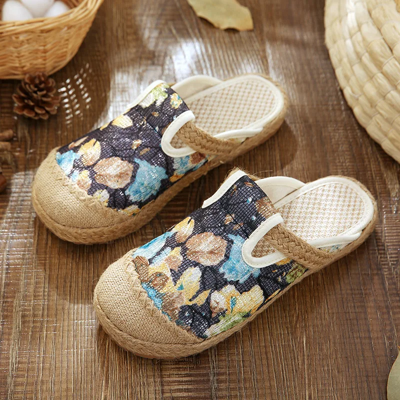 Spring Autumn Women Shoes Anti-slip Flower Cloth Casual Breathable Ladies Linen Slippers Indoor Retro Mixed Color Female Slipper