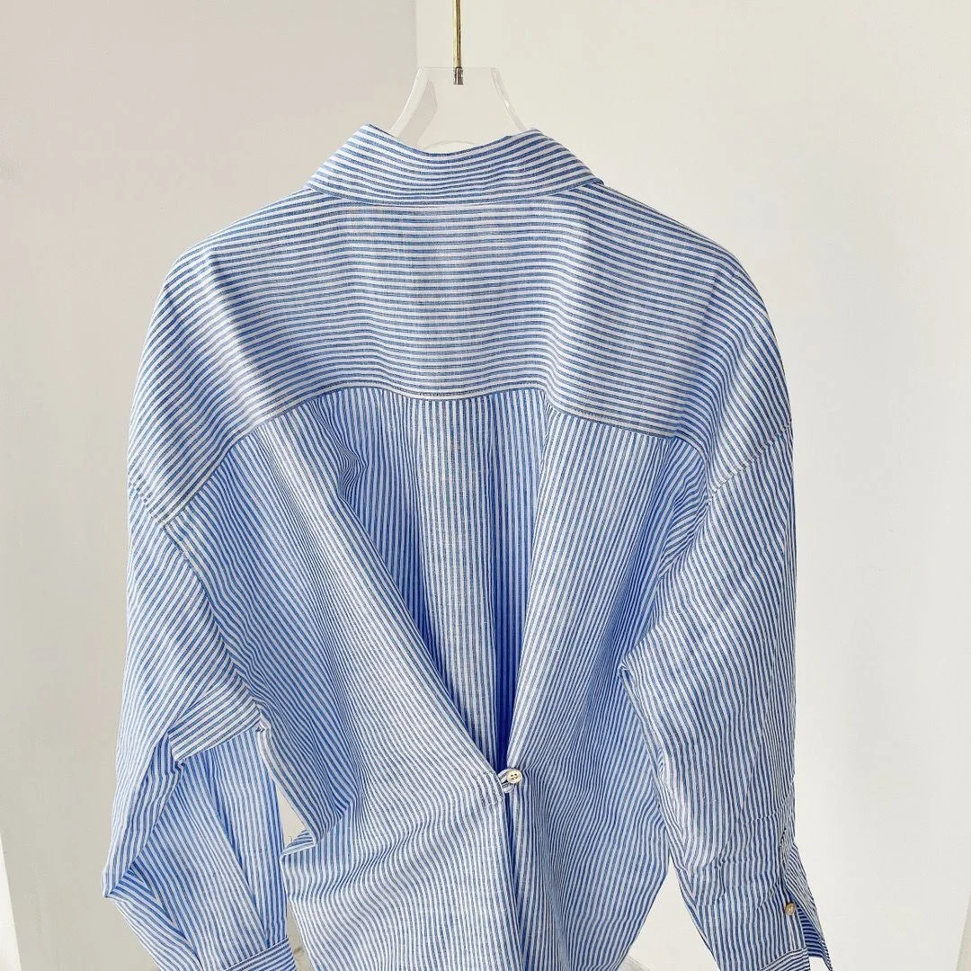 

Woman blue striped Shirt Collar Dress Long Sleeves Front Buttoned 2022AW Short Dress