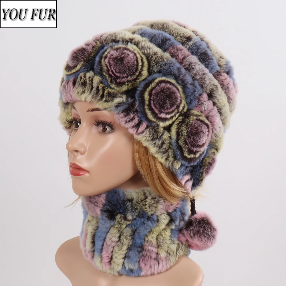 

Hot Sell Winter Girls Real Rex Rabbit Fur Hat Scarf Set Lady Knitted Genuine Fur Hats Scarves Elastic Natural Fur Mufflers Caps