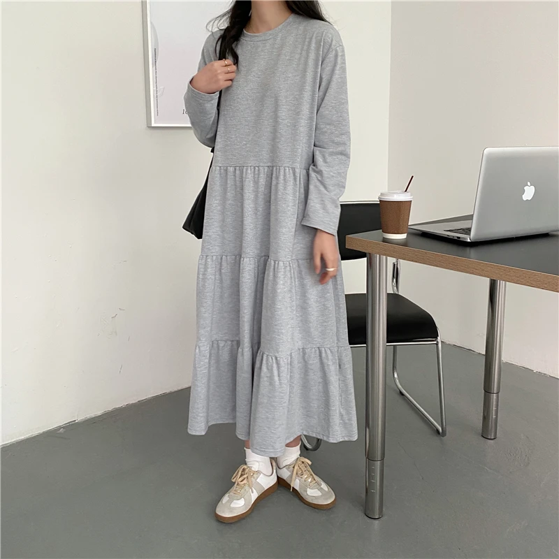 

KUSAHIKI Causal Dresses Women Long Sleeve O-neck Women Dress 2021 Spring New A-line Korean Solid Mid-calf Spring Vestidos 6F332