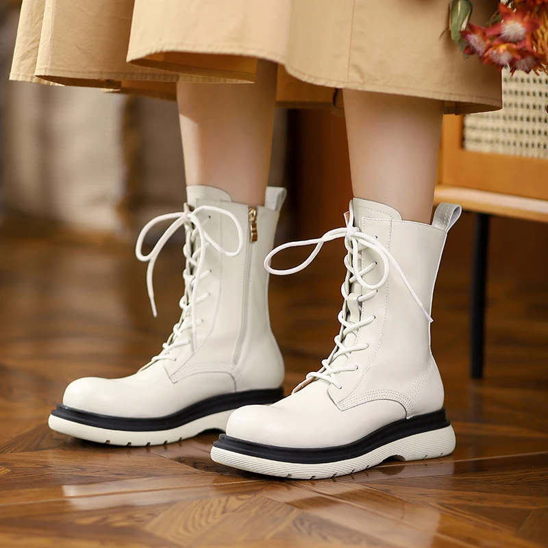 

Женские ботильоны из натуральной кожи на шнуровке, удобные осенние мотоциклетные ботинки для отдыха, Высококачественная обувь в британско...