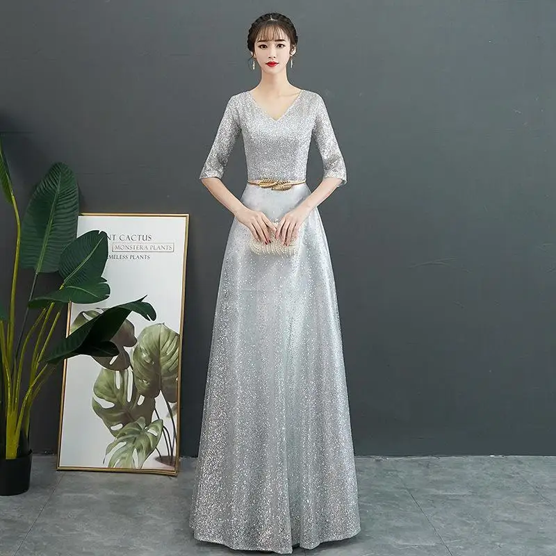 Женские Роскошные Блестки с поясом v-образным вырезом Сексуальные Cheongsam Chinsese Qipao Цвет Новинка вечерние платья макси плюс размер 3XL 4XL - Цвет: Silver
