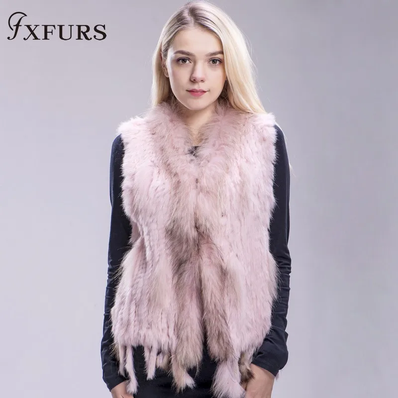 FXFURS из натурального кроличьего меха; вязаная жилетка; куртка из искусственного меха, красочные кролика, енота меховая вязаная жилетка 16 Цвета - Цвет: pink