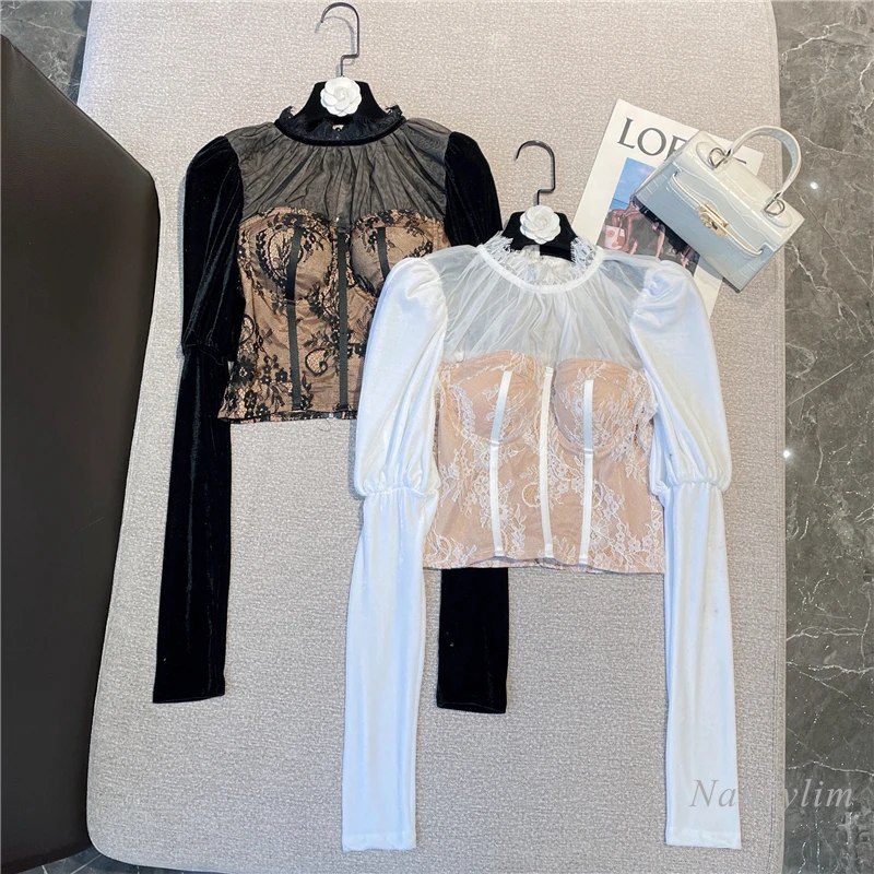 

Short Lace Shirt for Women 2021 Winter New Temperament Socialite Velvet Puff Sleeve Stitching Sexy Mesh Crop Top Slim Fit Blusas