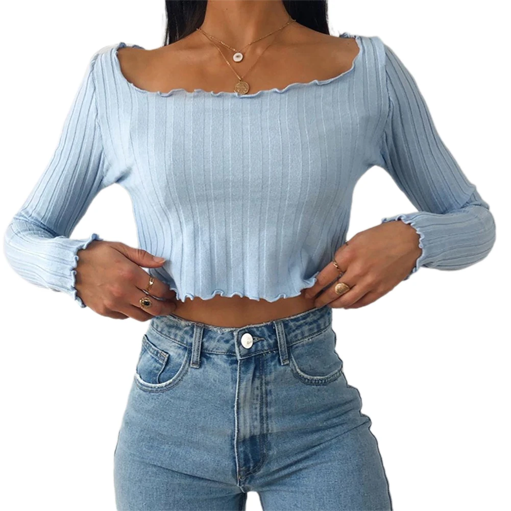 Женский однотонный укороченный топ с длинным рукавом Модный пуловер открытыми