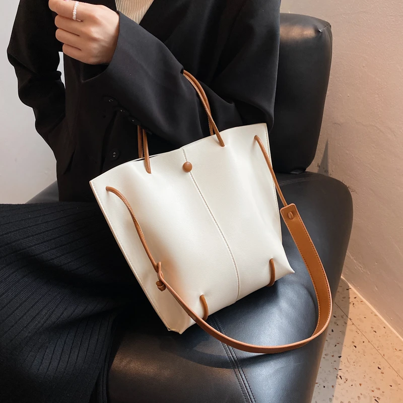 

Кожаные сумки через плечо в минималистском стиле для женщин, сумки-шопперы на плечо и кошельки, Женские однотонные сумки-тоуты черного цвет...