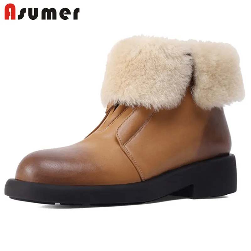 

Asumer 2021 New Fashion Winter Snow Boots Women Genuine Leather Footwear Round Toe Thick Heel Vintage Casual Ankle Boots Women