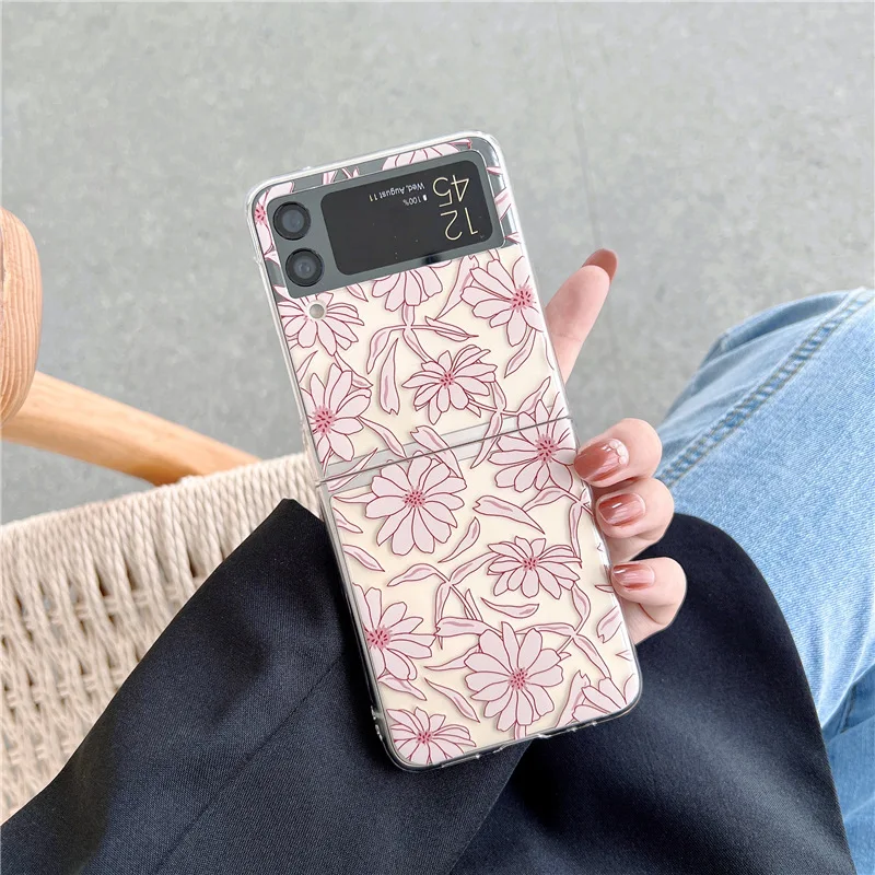 

Fashion Korean Flower Transparent Phone Case for Samsung Galaxy Z Flip 3 5G Hard PC Back Cover for ZFlip3 Case Protective Shell
