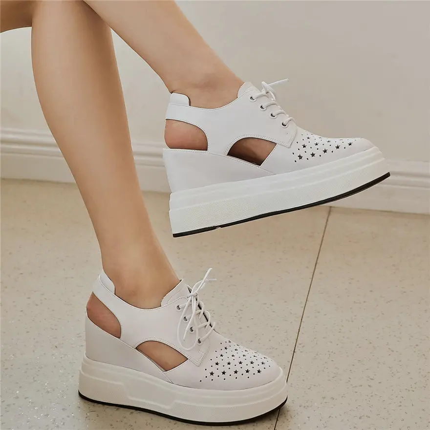 

Fashion Sneakers Women Genuine Leather Wedges High Heel Ankle Boots Female Lace Up Round Toe Trainers Summer Casual Travel Shoes