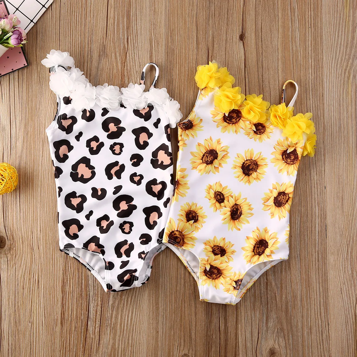 

Summer Toddler Baby Girls Bikini Sunflowers Leopard Print Ruffles Lace One Shoulder Swimwear Beachwear