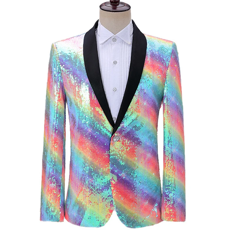 Rainbow Blazer Jacket Men Stage Party Sequin Mens Suit Jackets Dress Luxury Performance Mens Blazer Wedding Singer Costume Homme