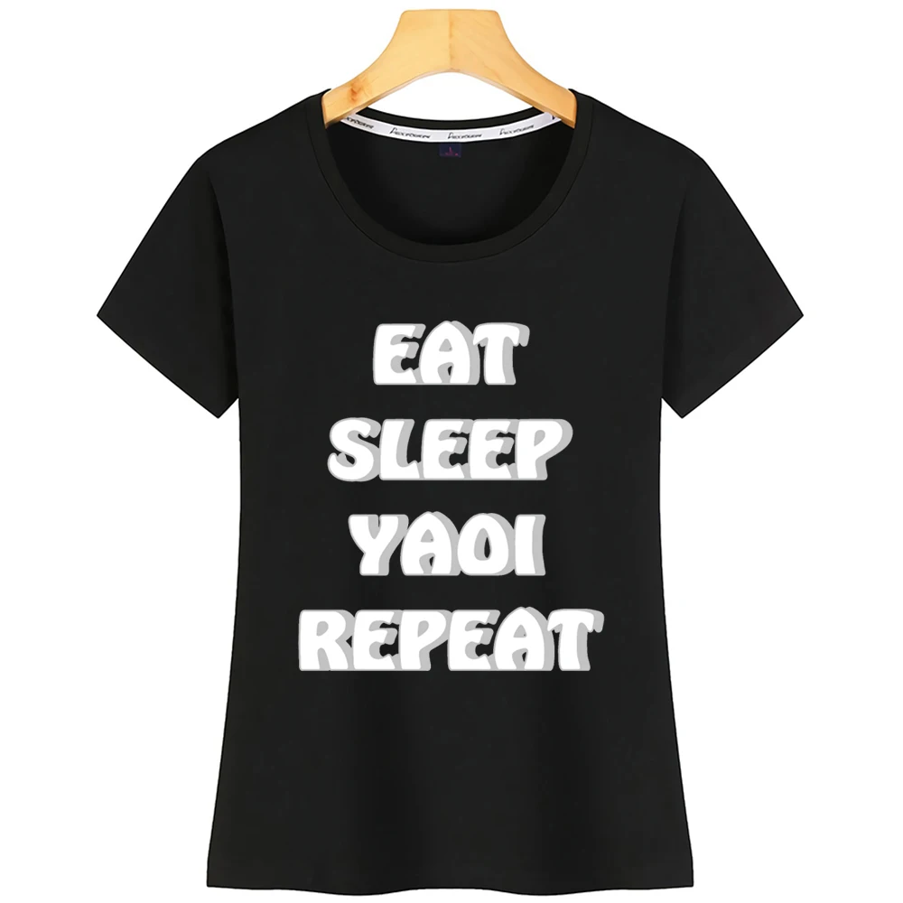 Топы Футболка Для женщин &quot Eat Sleep яой повторить базовое черное изготовленный на