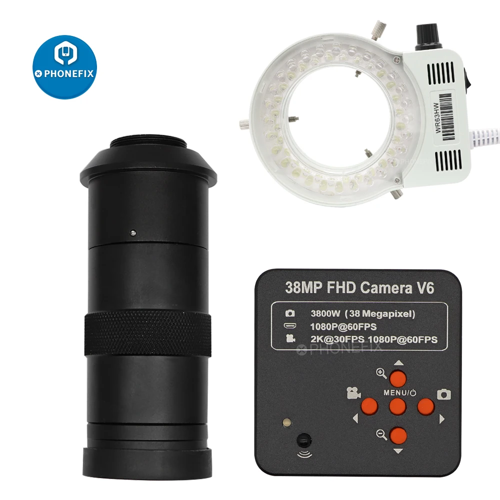 

HDMI 38MP CMOS Industry Microscope Video Camera Adjustable Magnification 130X 200X 250X C MOUNT Lens LED Light for PCB Repair