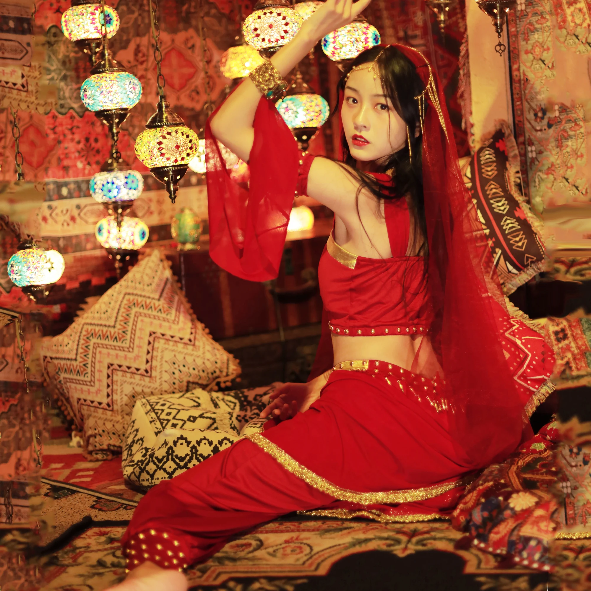 Женская одежда для Хэллоуина костюмы танца живота головной убор фата топ брюки