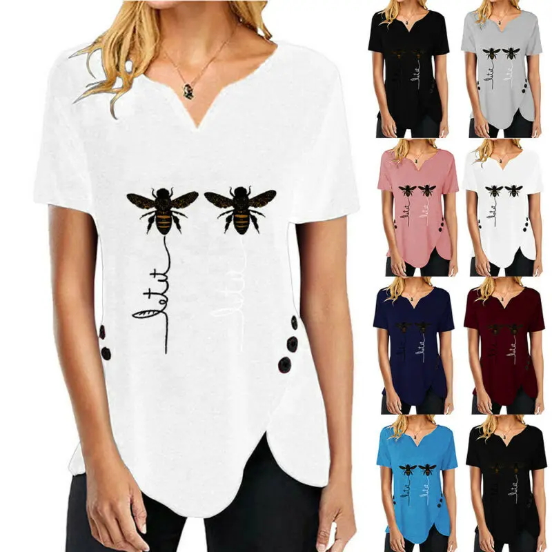 

Fashion Style Women V Neck Short Sleeve T Shirt Bee Pritned Casual Summer Tops Tunic Plus Size