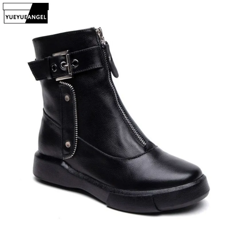 

Handmade Genuine Leather Shoes Woman Winter Casual Front Zip Ankle Boots Female Brand Black Cowhide Chunky Booties Plus Size 42