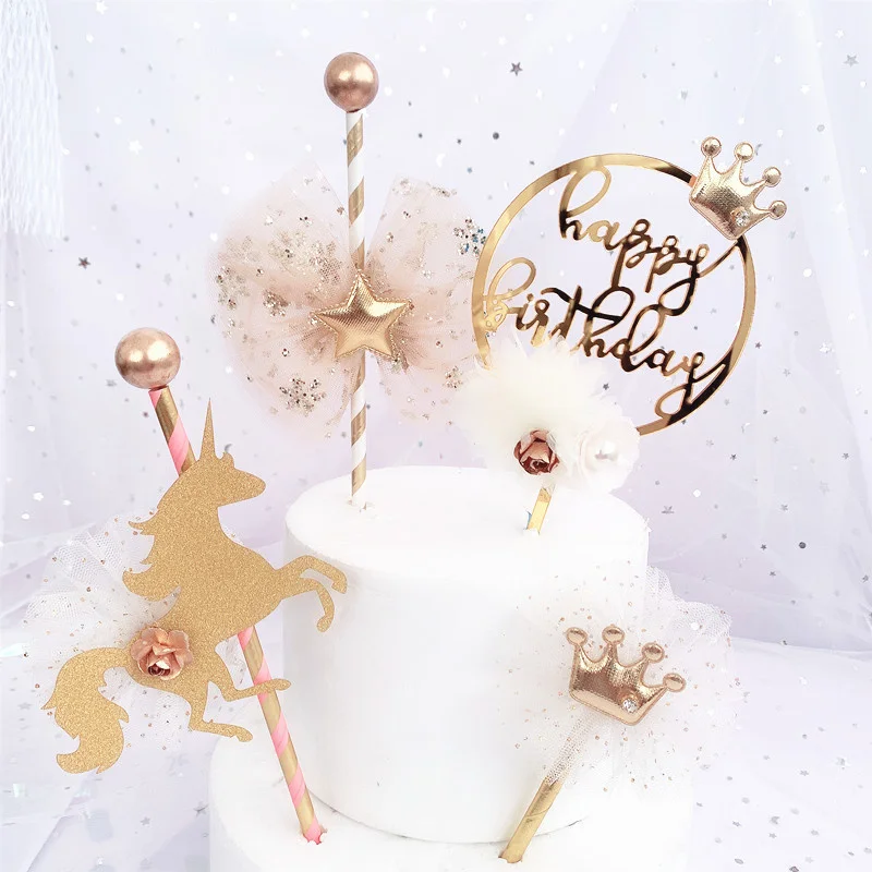 

Birthday Baking Cake Decoration Beautiful Golden Five-pointed Star Bow Crown Pearl Flower Cake Insert Birthday Dessert Plugin