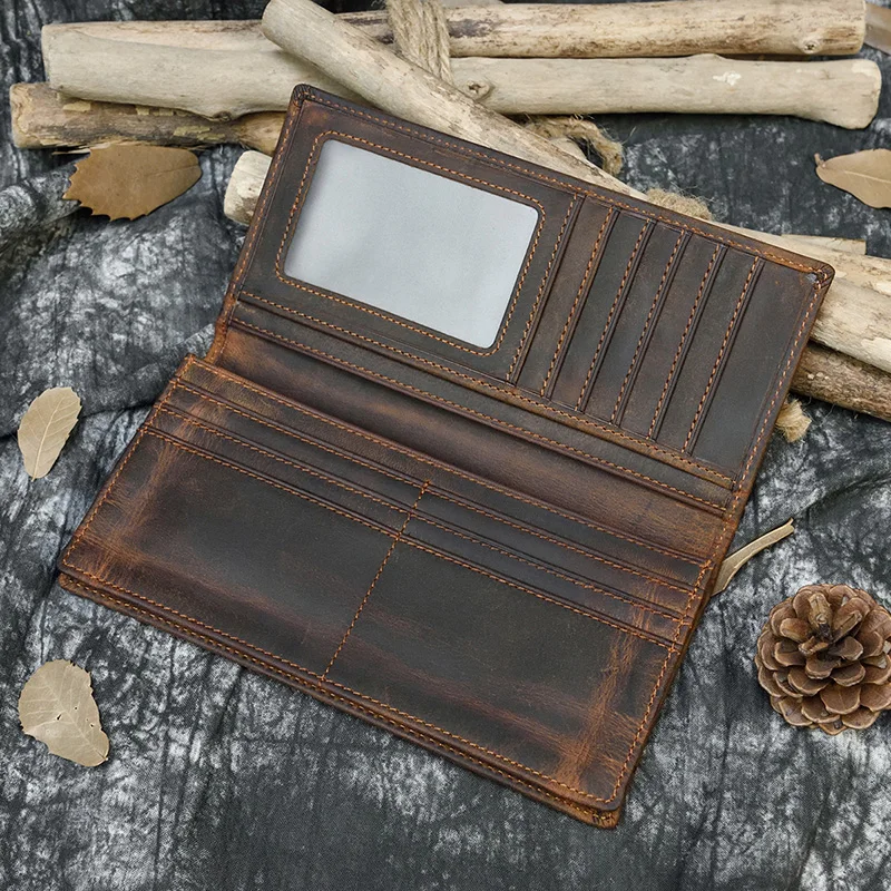 Men's Crazy Horse Leather Long Wallet Brown Cow Bifold With Phone Pocket Cowhide Purse Card Case | Багаж и сумки