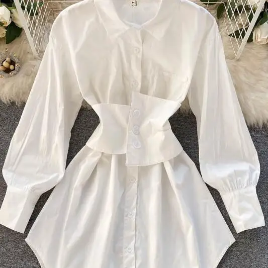 

Harajuku white mini shirt dress 2021 women's fashion Lapel slim long sleeve casual street style dress elegant office dress