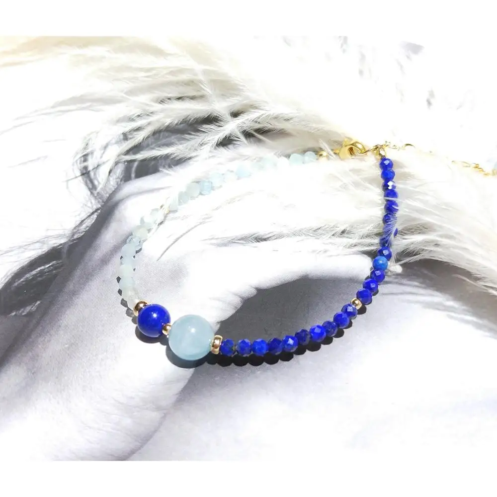 Lii Ji Real Stone Moonstone Lapis Lazuli Aquamarine Citrine Amethyst Garnet Rose Quartz 14K Gold Filled Asymmetry Bracelet