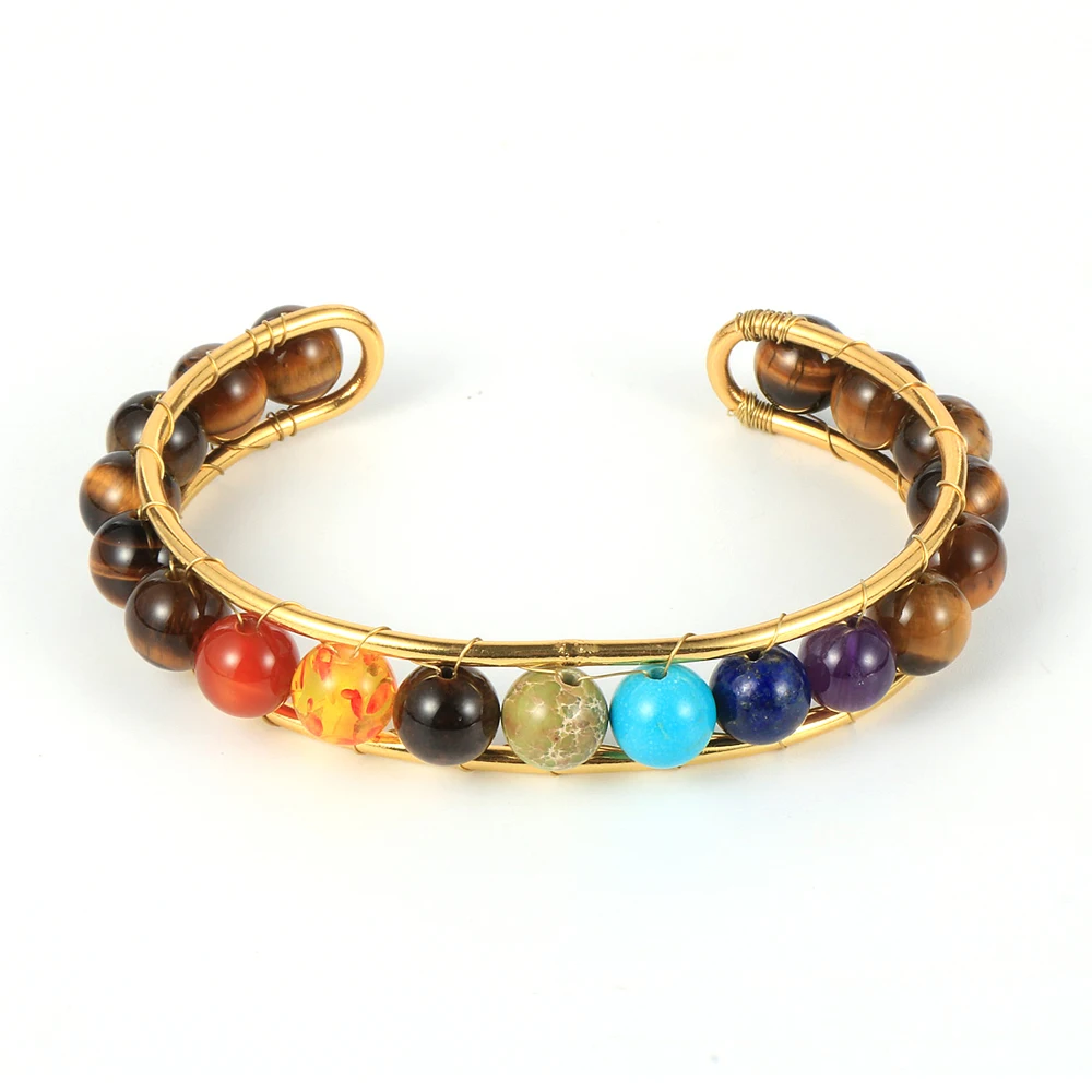

Reiki 7 Chakra Natural Stone Bracelets Bangles For Men Women Vintage Gold Yoga Healing Cuff Bangle Fashion Ladies BOHO Jewelry