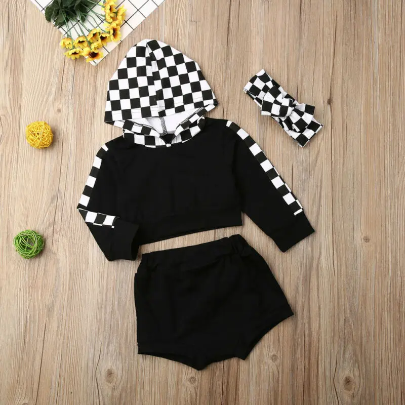 

Autumn Infant Toddler Baby Girl Clothes Plaids Hooded Tops+Shorts+Headband Outfit Tracksuit
