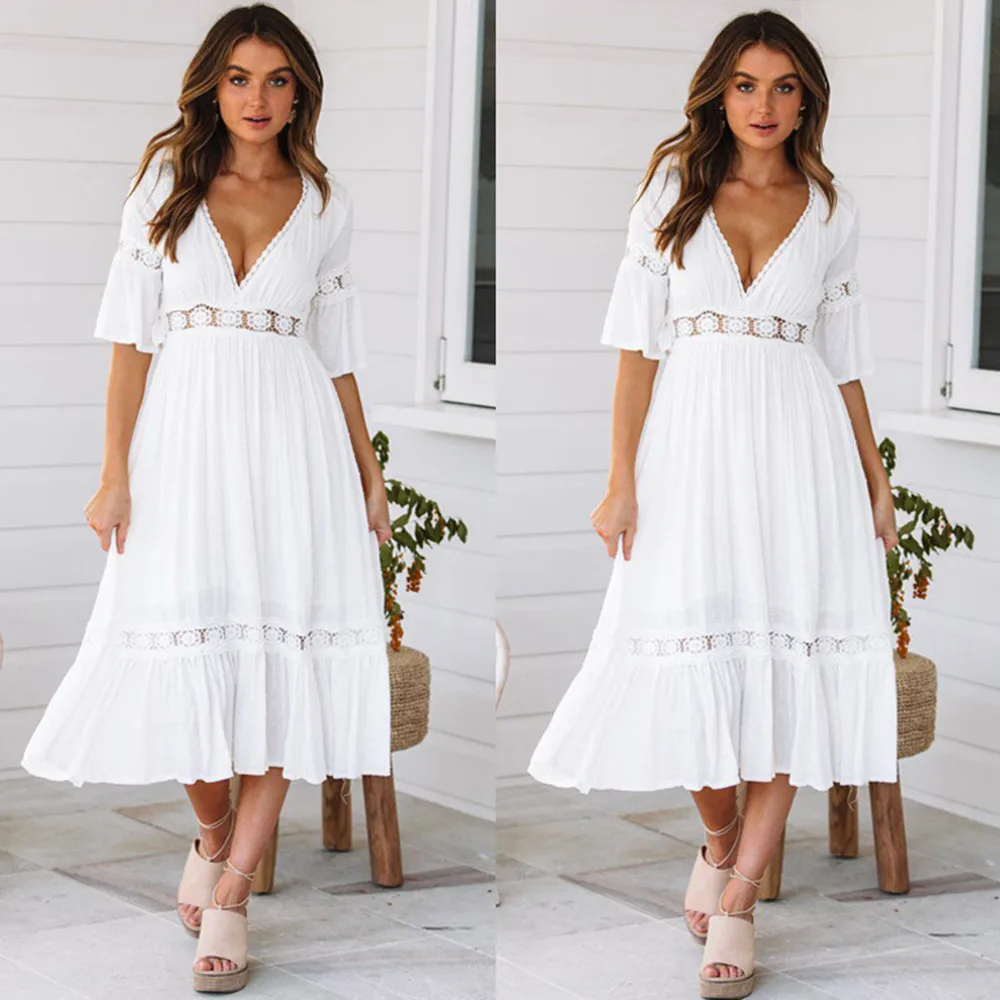 

Ladies Dress 2021 Summer Ladies Dress Ladies Casual Party Dress White Bridesmaid Dress Woman Sexy V-neck Flare Sleeve Bohemian
