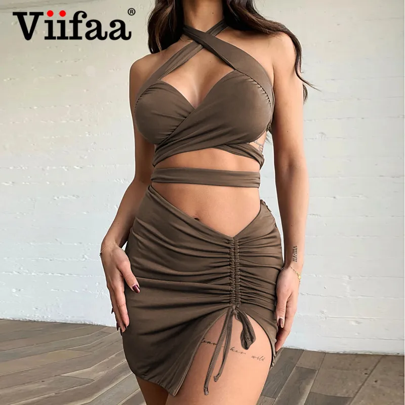 

Viifaa Criss Cross Halter Wrap Crop Top and Drawstring Skirt Dress Sets Summer Women Two Piece Set Sexy Nightclub Outfits