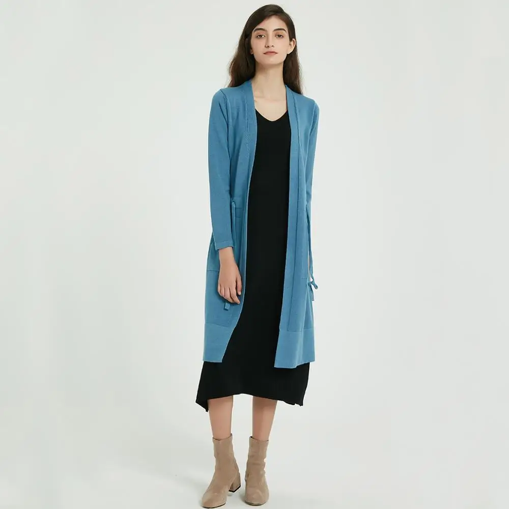 Wixra Women Solid Knitted Long Cardigan Sweater Autumn Winter Casual Lace-up Sleeve Pockets Knit Female Tops |