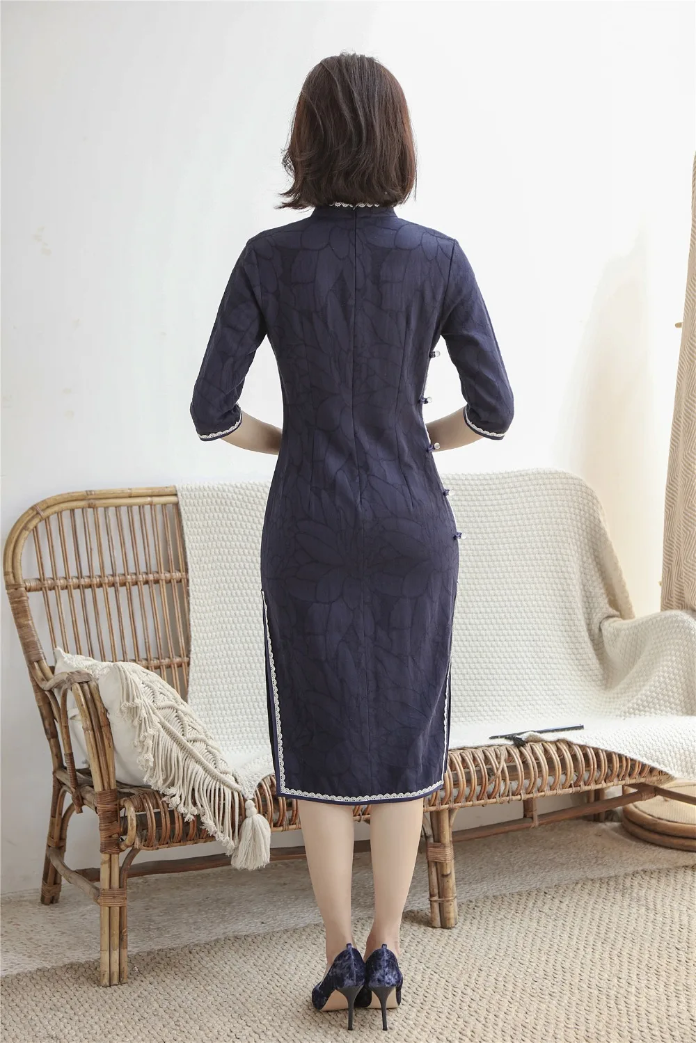 Шанхай история Половина рукава по колено cheongsam платье хлопок лен Винтаж Ципао китайское платье китайский стиль платье для женщин