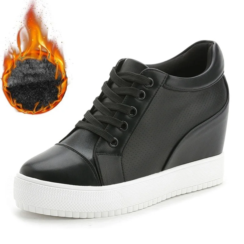 short plush black WDZKN весна женская обувь, на платформе, на платформе, высоком каблуке Женская обувь на высоком каблуке черный, белый цвет Скрытая каблуки; обувь, увеличивающая рост; женская повседневная обувь - Цвет: short plush black