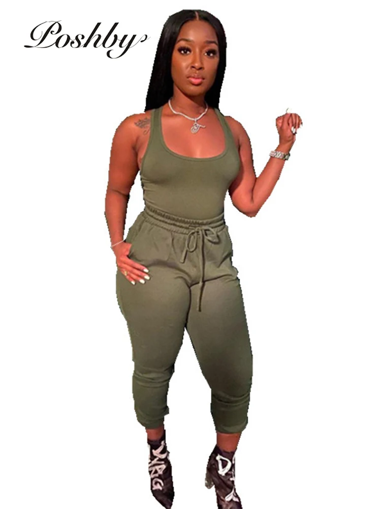 

Poshby Women Solid Color 2 Piece Sets Spring Crop Top Vest And High Waist Drawstring Bodycon Pants Plus Size Suits Streetwear