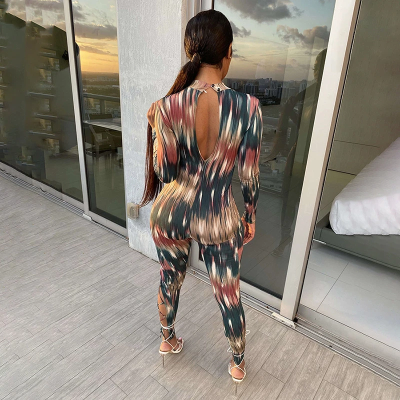 2021  Women Sexy Fashion Print Hollow Out Jumpsuit Cross Lace Up Long Sleeve Romper Night Club Romper One Piece Overalls