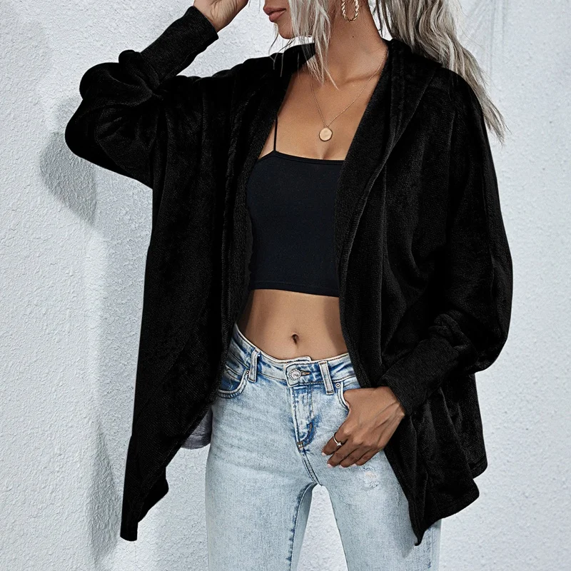 

Autumn Fleece Cardigan Coat Ladies Long Sleeve Lightweight Casual Cardigan Hooded Fleece Cardigan