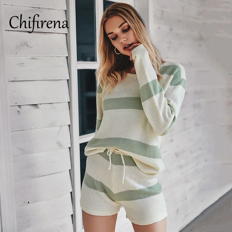 

Chifirena Fashion Autumn Winter Striped Women Set Long Sleeve T Shirts Drawstring Waist Shorts 2 Piece Sets Casual Homewear Suit
