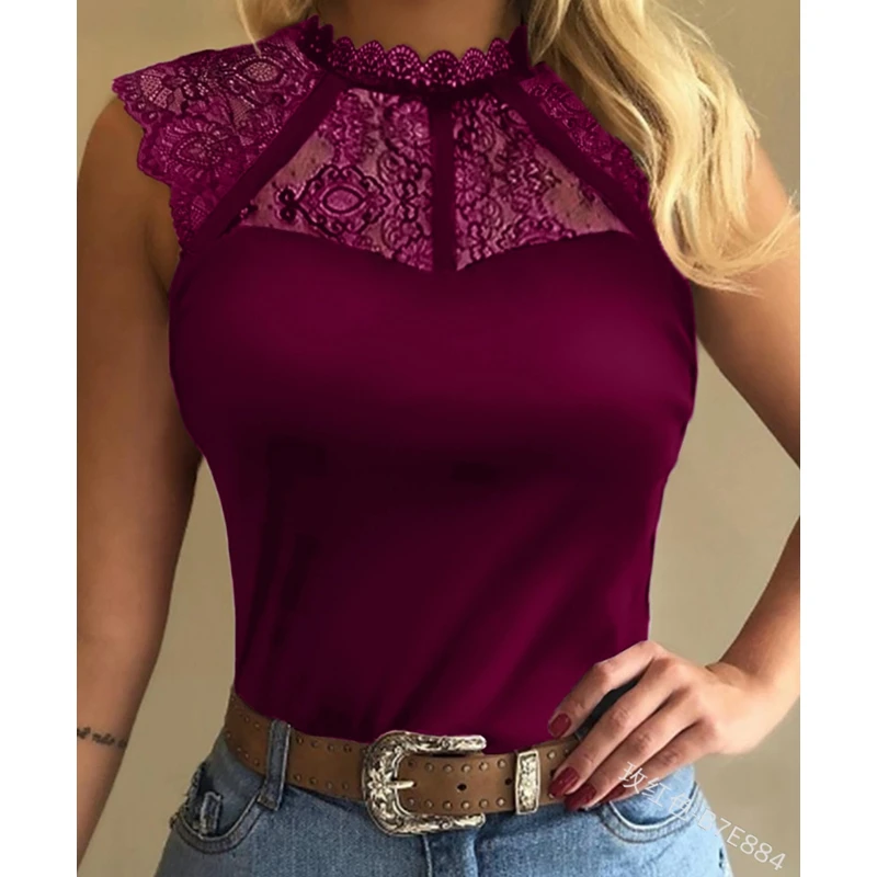 

WEPBEL Lace Slim Fit Vest Women's Sexy Solid Color Patchwork Vest Summer Sleeveless O-Neck Hollow Out See-through Vest Top
