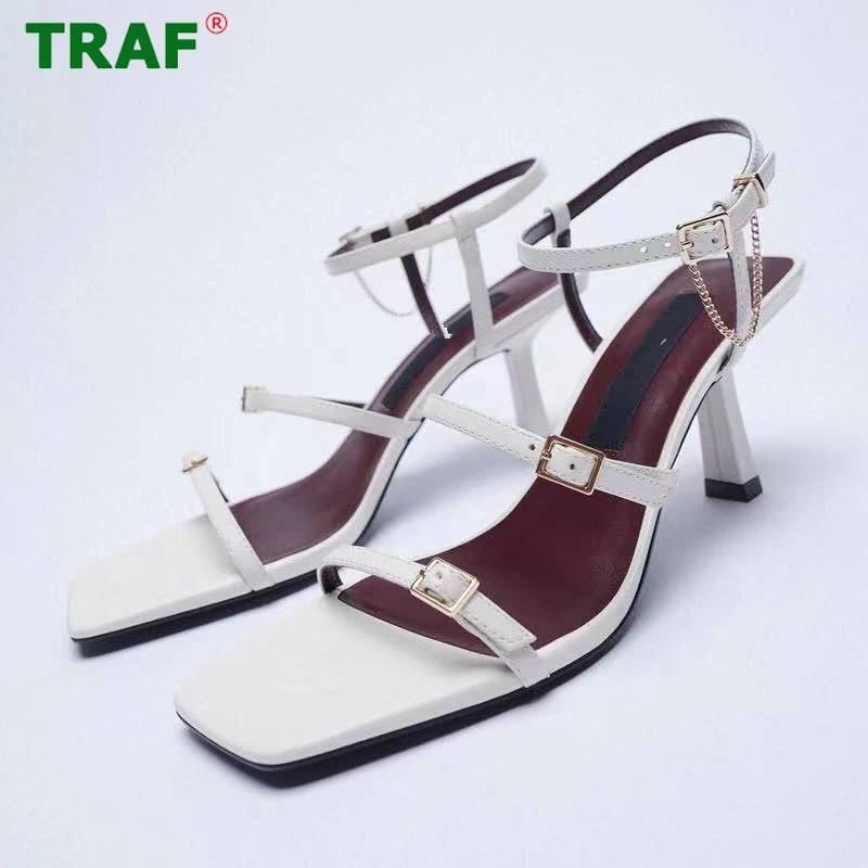 

Za Faux Leather Sandals Women Square Toe High Heels Woman Shoes Chic Chain Buckle Ankle Strap Heels Sandals Woman 2022 Pumps