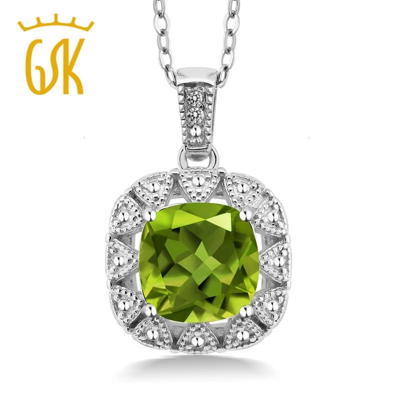 GemStoneKing 2,46 Ct подушка натуральный Зеленый Перидот белый бриллиант 925 пробы серебряный кулон ожерелье для женщин